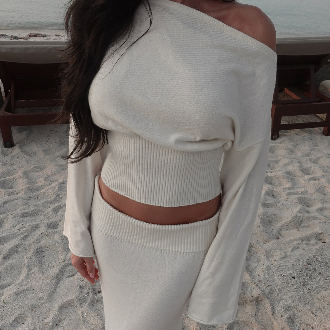 Women’s Off-Shoulder Ribbed Cropped Top with Waistband and Matching Midi Skirt Mune Fashion