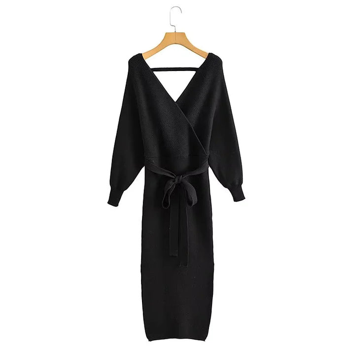Women's knitted wrap dress with tie belt and V-neck Mune Fashion