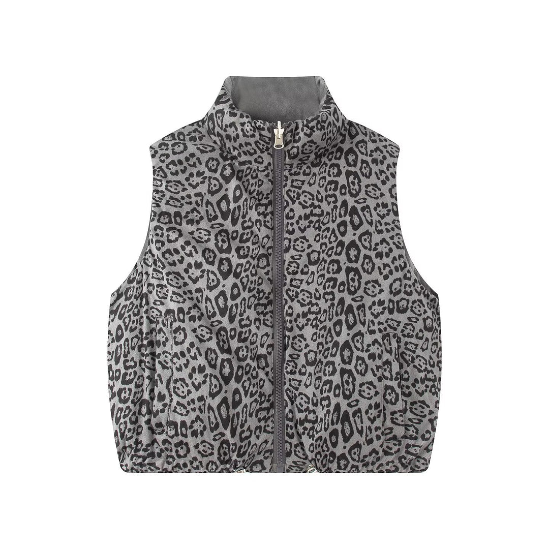 Women Padded Quilted Vest with High Stand-Up Collar and Leopard Print Lining Mune Fashion