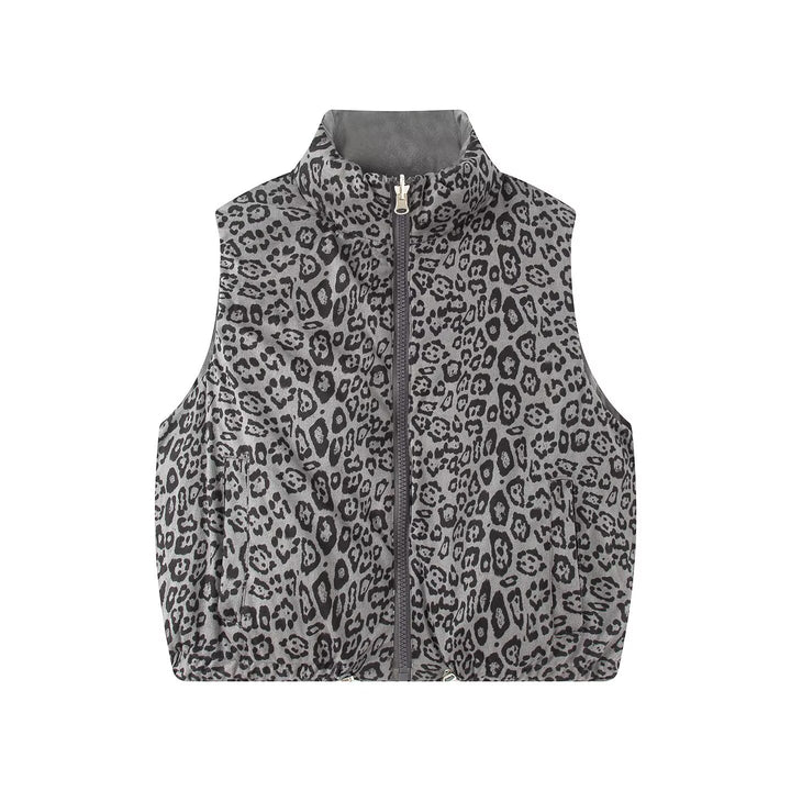 Women Padded Quilted Vest with High Stand-Up Collar and Leopard Print Lining Mune Fashion