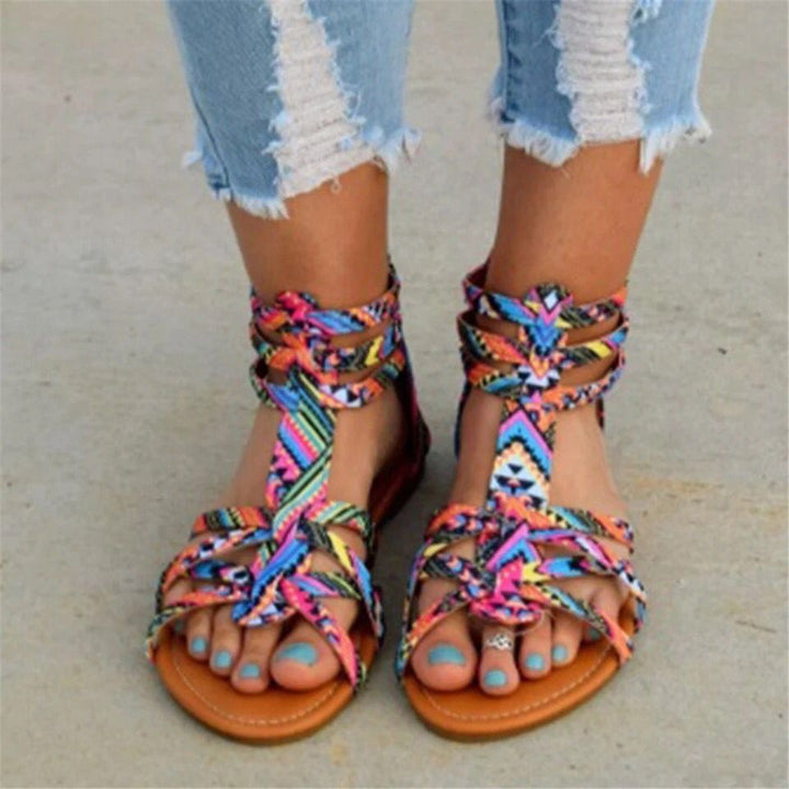 Women's Boho Sandals with Adjustable Ankle Straps and Ethno Print Mune Fashion