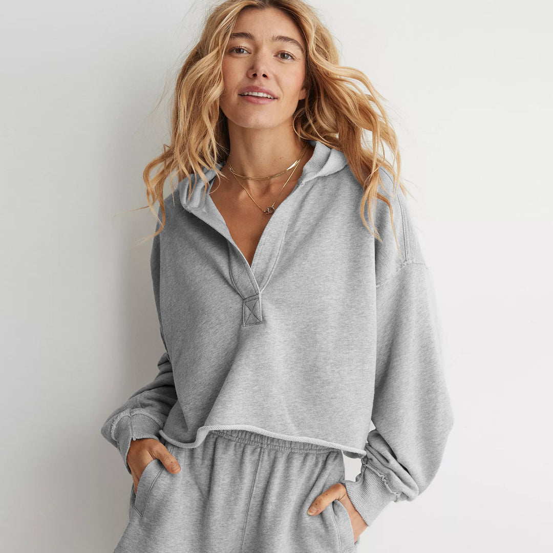 Women Oversize Hooded Sweatshirt with Deep V-Neck, Open Placket and Raw Hem Mune Fashion