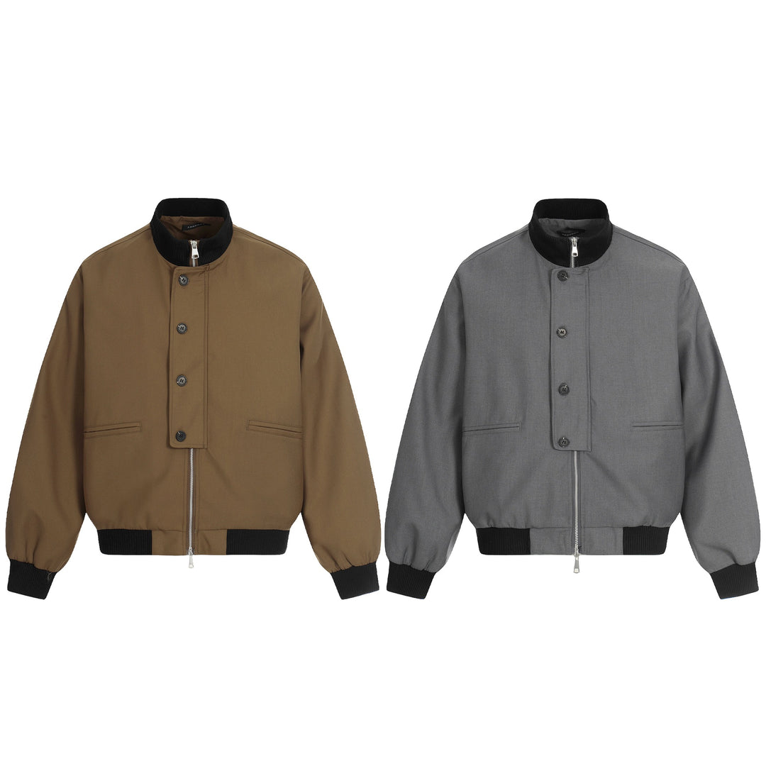 Unisex Short Boxy Bomber Jacket with Concealed Zip Front and High Ribbed Collar Mune Fashion
