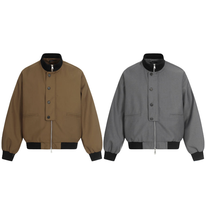 Unisex Short Boxy Bomber Jacket with Concealed Zip Front and High Ribbed Collar Mune Fashion