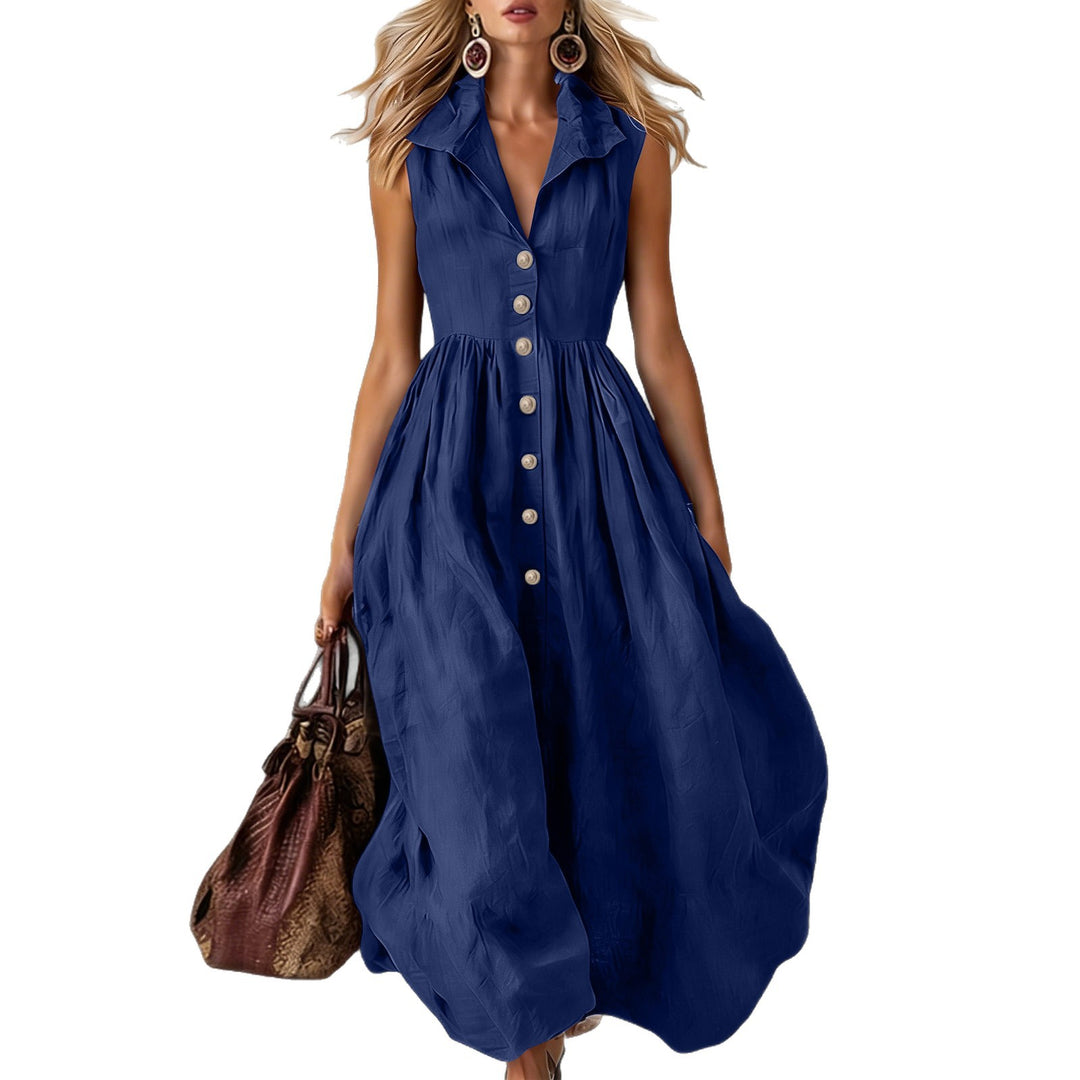 Women's Sleeveless Midi Dress with Button Placket, Gathered Waist and Ruffled Collar Mune Fashion
