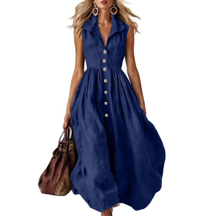 Women's Sleeveless Midi Dress with Button Placket, Gathered Waist and Ruffled Collar Mune Fashion