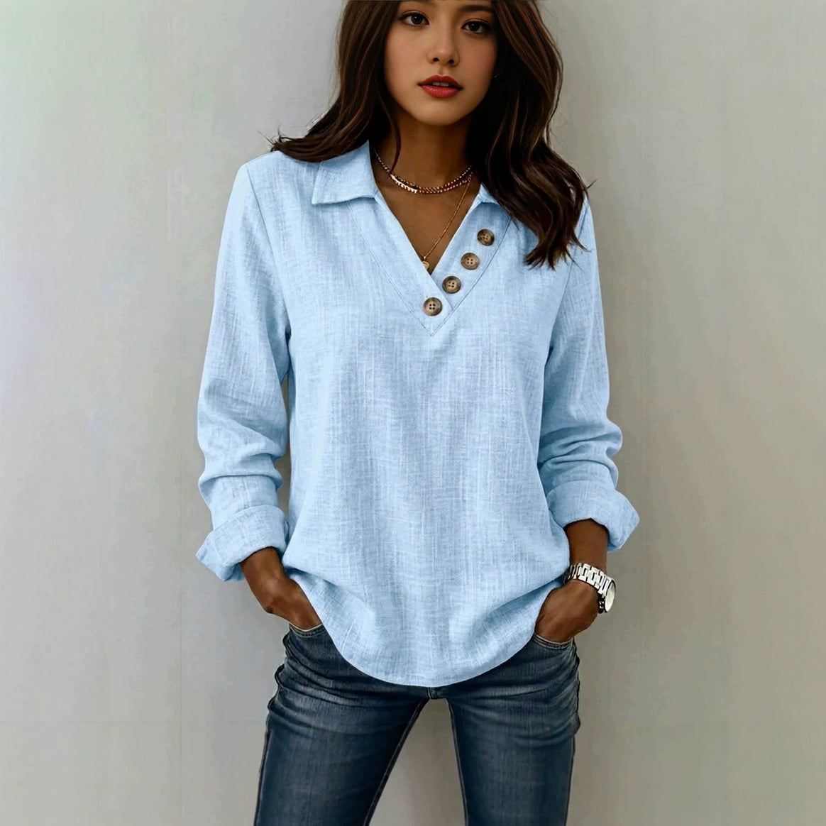 Women's Casual V Neck Blouse Shirt with Shirt Collar and Asymmetrical Decorative Button Placket Mune Fashion