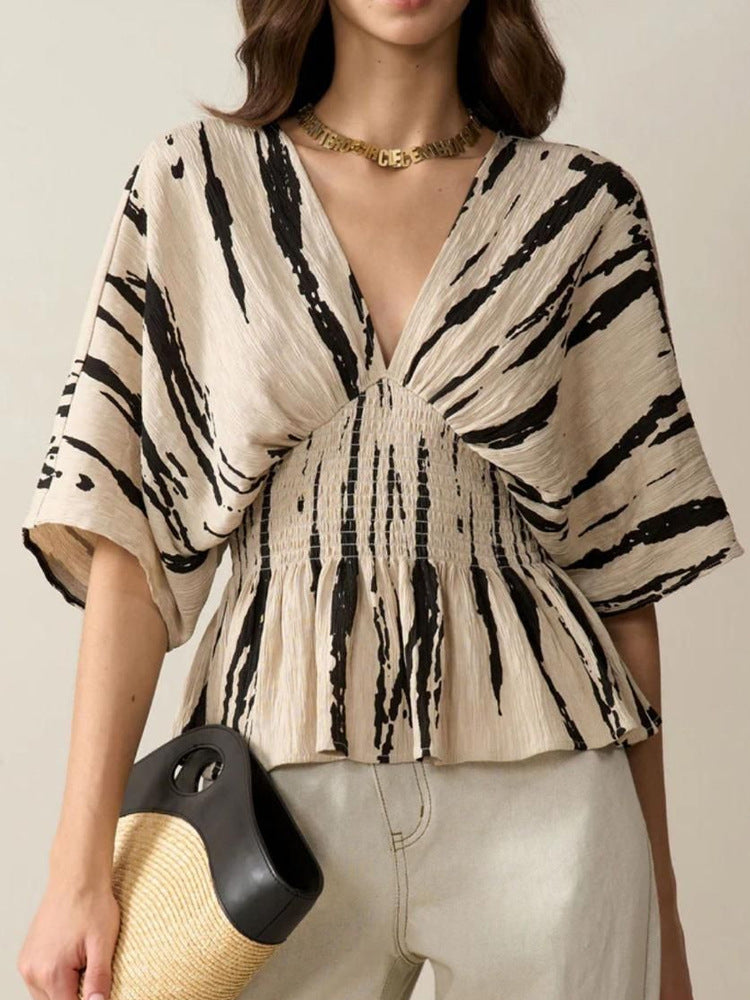 Women's V-Neck Blouse with Loose Fit and Ruching Mune Fashion