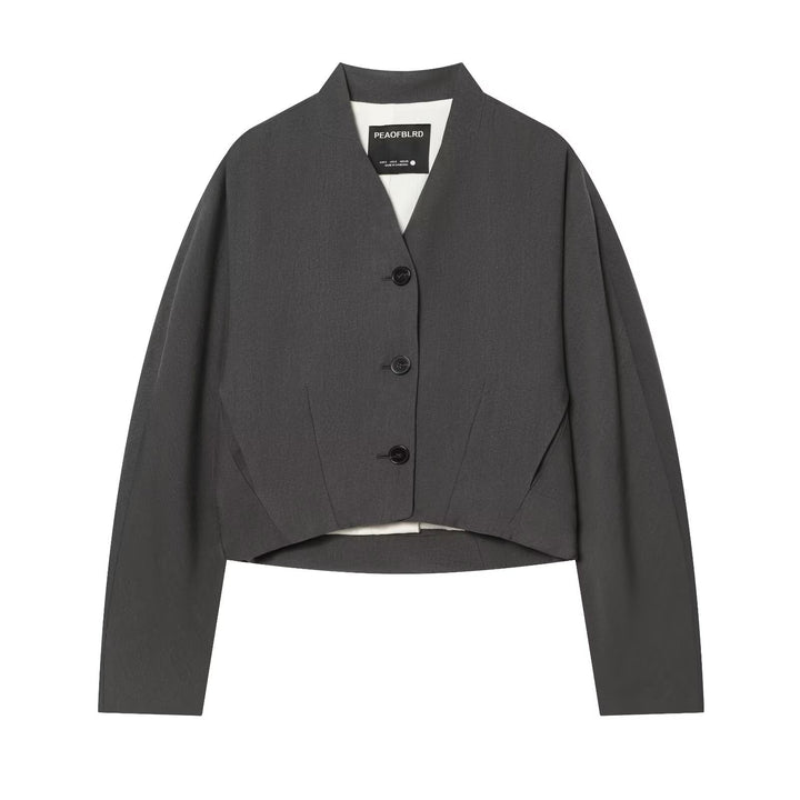 Women's Tailored Short Blazer with Stand Collar, V-Neck and Three-Button Detail Mune Fashion