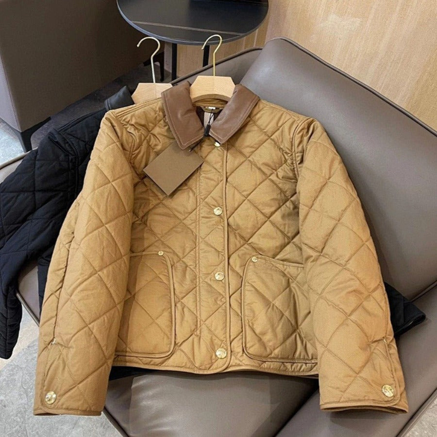 Women's quilted transitional jacket with leather collar and snap button closure Mune Fashion