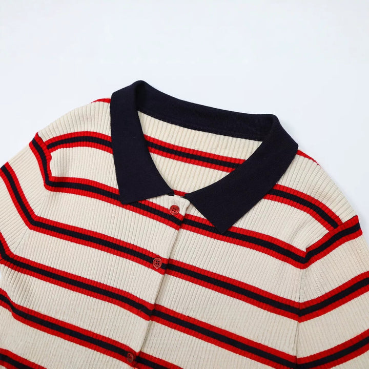 Women's Short Sleeve Ribbed Knit Cardigan with Polo Collar, Button Placket and Ruffled Hem Drune