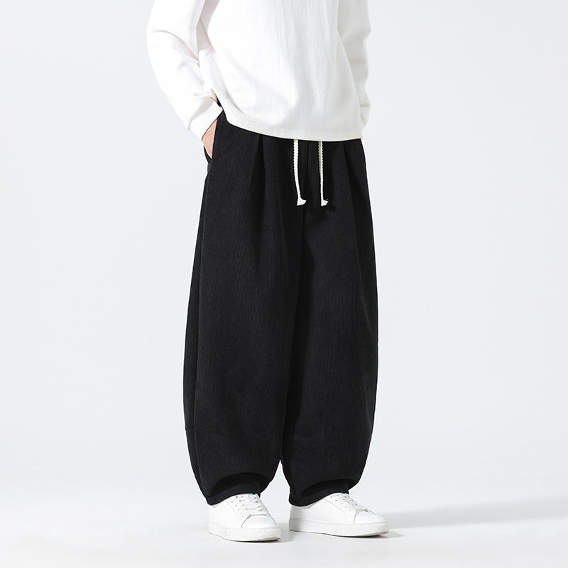 Men's Balloon Cord Pants with High Waist, Drawstring and Pleats Mune Fashion