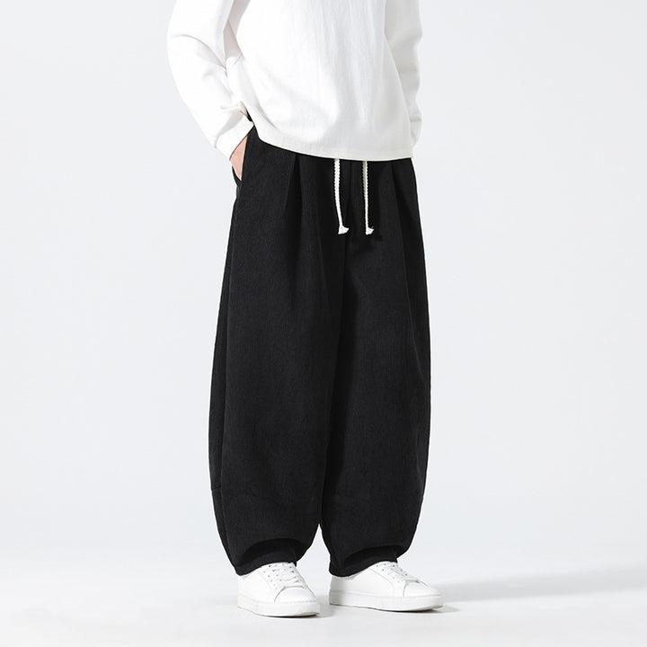 Men's Balloon Cord Pants with High Waist, Drawstring and Pleats Mune Fashion