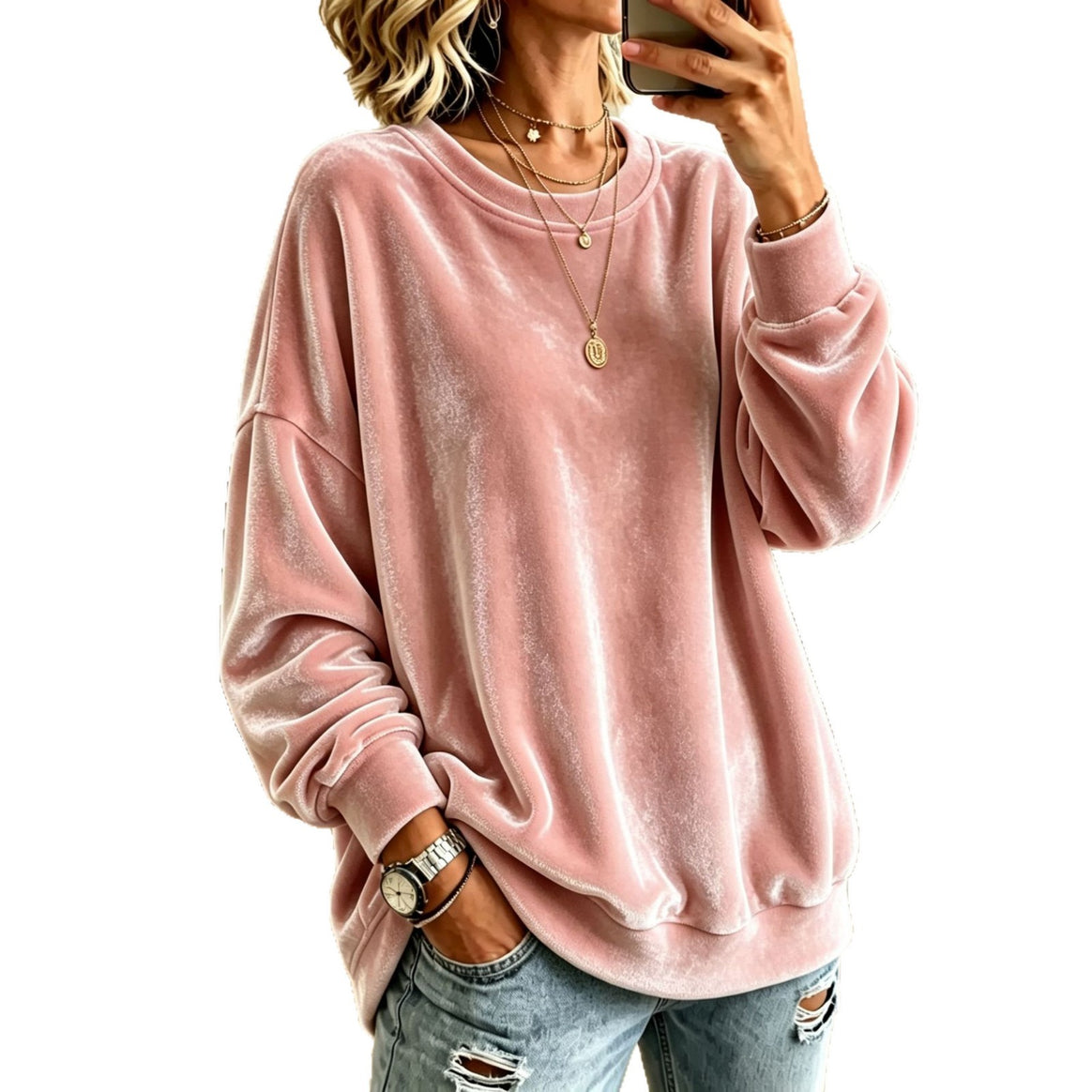 Women Oversized Velvet Sweater with Loose Fit and Ribbed Hem Mune Fashion