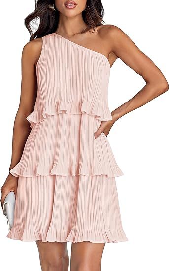 Women's Sleeveless Pleated Tiered Dress with Asymmetrical Shoulder Mune Fashion