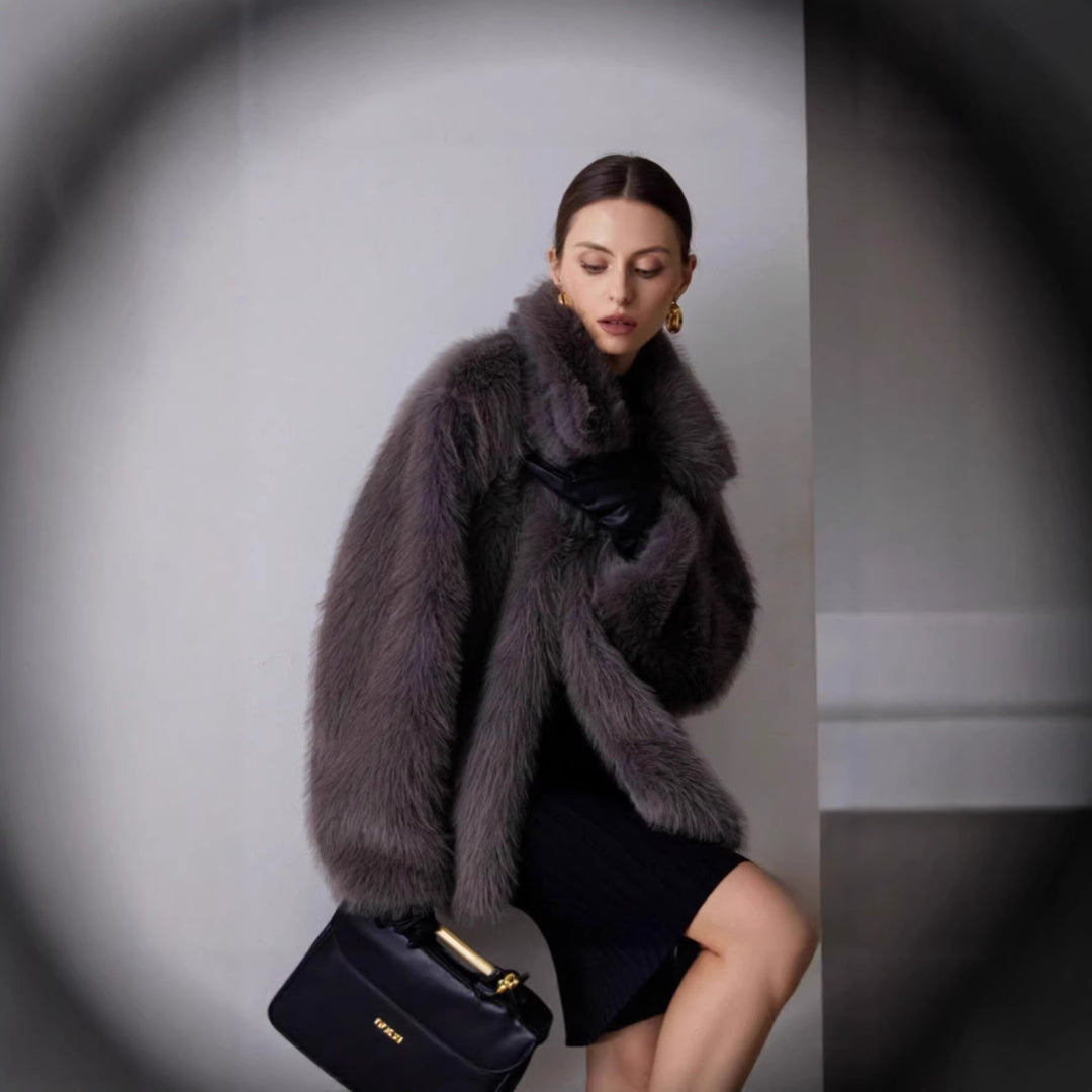 Ladies Short Boxy Faux Fur Jacket with Extra Soft High Pile and Voluminous Shawl Collar Mune Fashion