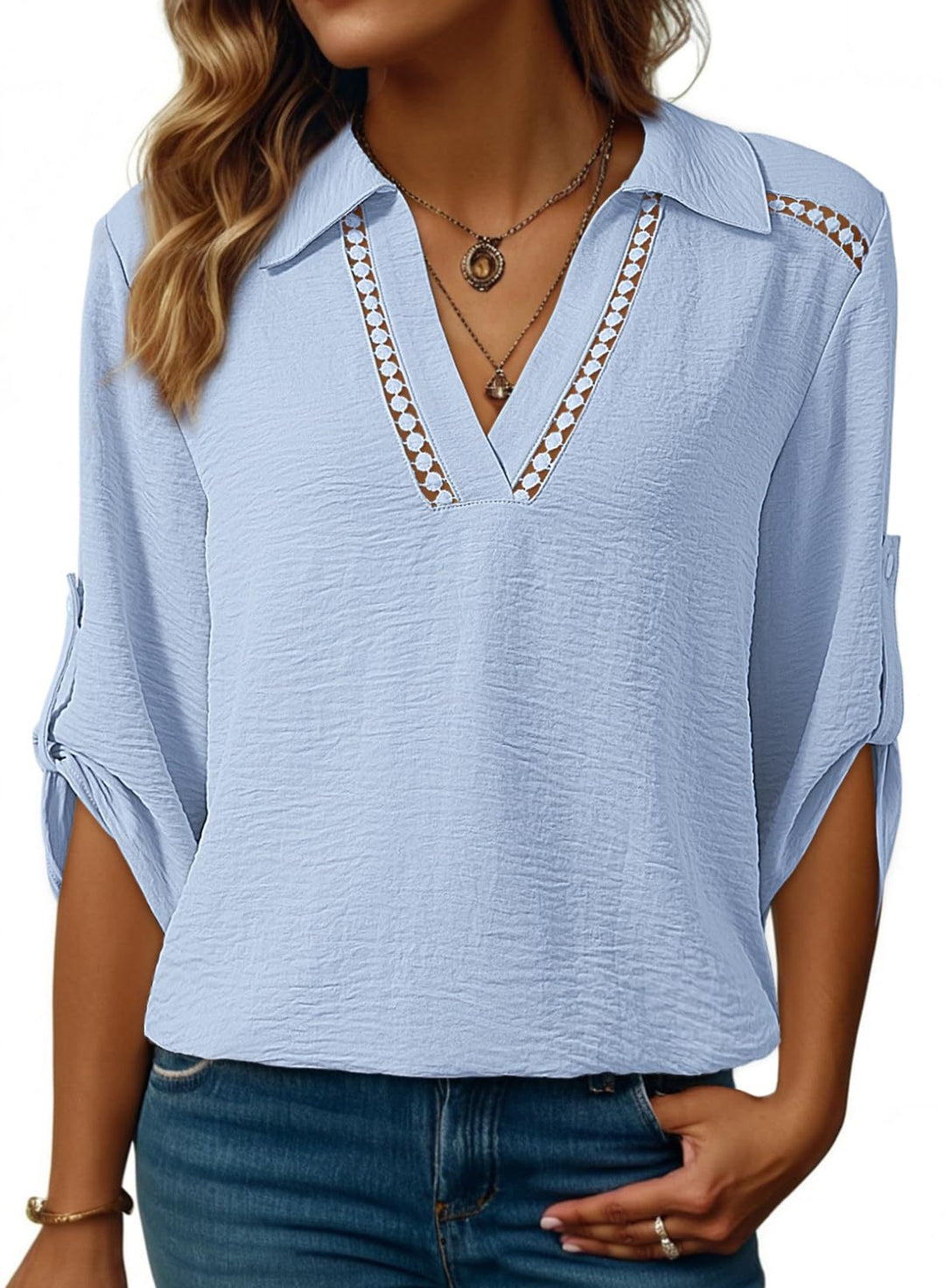 Women's blouse with V-neck, crocheted lace yoke and roll-up three-quarter sleeves Mune Fashion