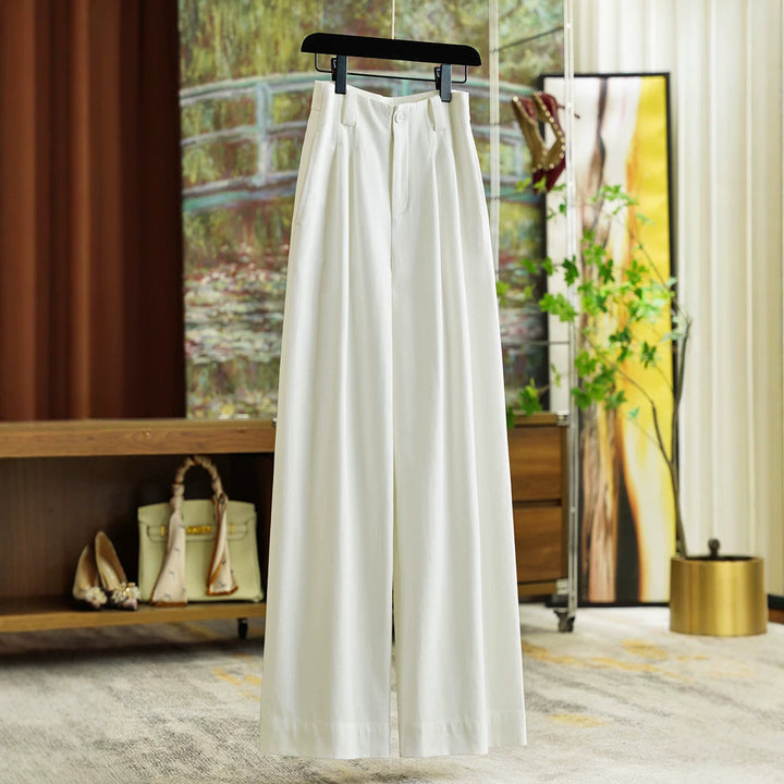 Ladies High-Waisted Pleated Trousers in Linen Look with Wide Leg Mune Fashion