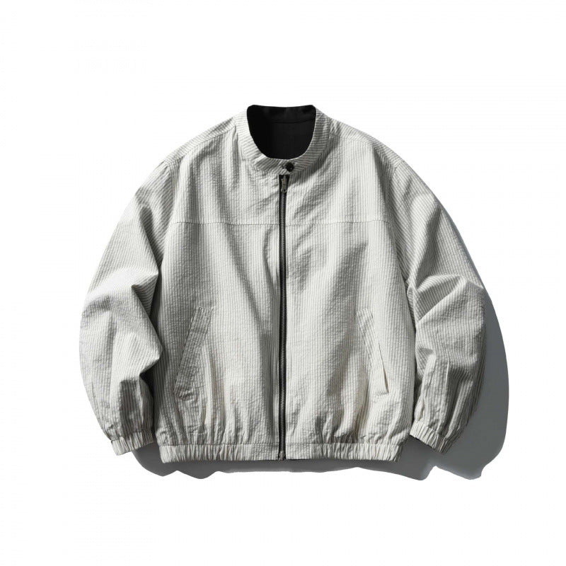 Unisex Light Oversized Bomber Jacket Made of Textured Fabric with Stand-Up Collar and Elastic Hem Mune Fashion