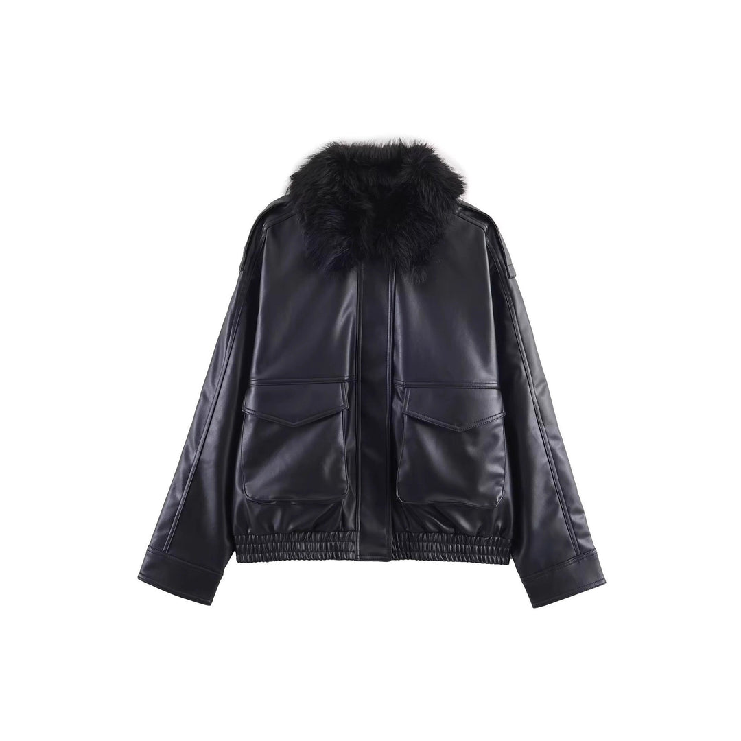Women's Short Cut Faux Leather Bomber with Voluminous Faux Fur Collar Mune Fashion