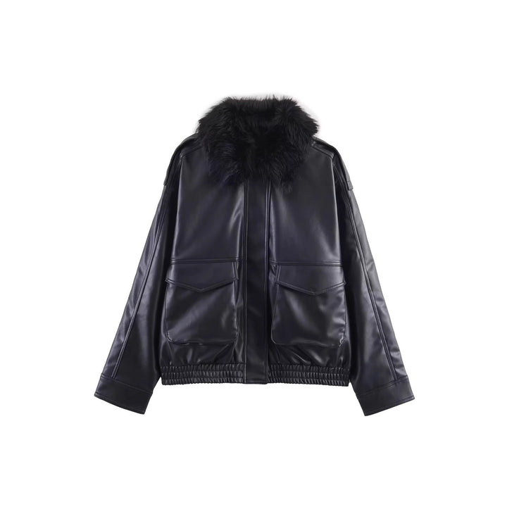 Women's Short Cut Faux Leather Bomber with Voluminous Faux Fur Collar Mune Fashion