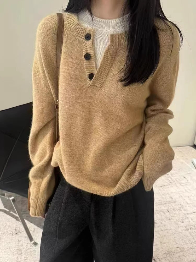 Women's Oversize Henley Sweater made of fluffy Mohair-look with button placket Mune Fashion