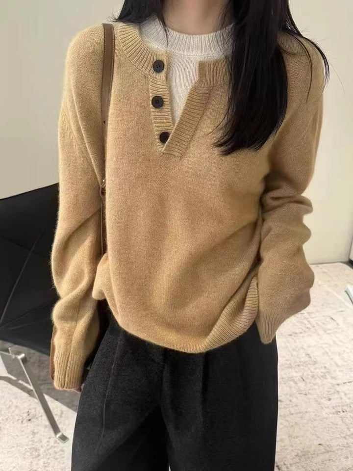 Women's Oversize Henley Sweater made of fluffy Mohair-look with button placket Mune Fashion