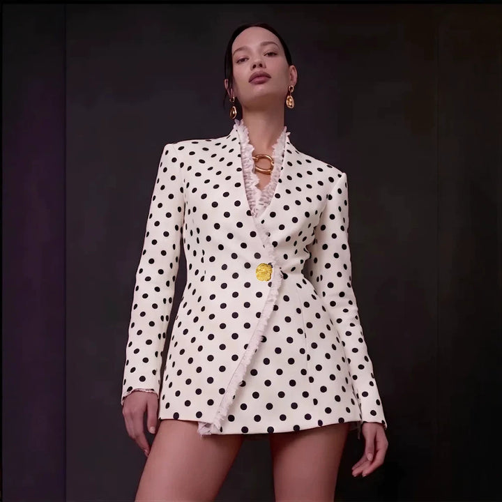 Women's Polka Dot Blazer Dress with Fringed Hem and Detachable Decorative Brooch Mune Fashion