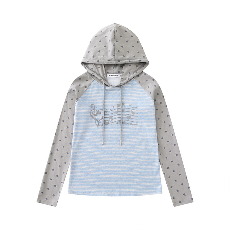 Women's hooded long sleeve shirt in raglan style with star sleeves and note print Mune Fashion