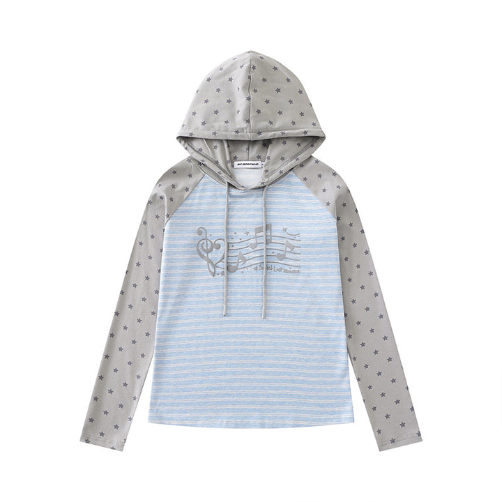 Women's hooded long sleeve shirt in raglan style with star sleeves and note print Mune Fashion