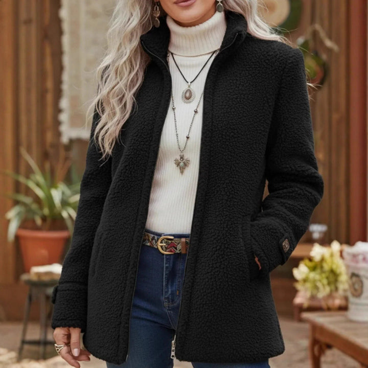 Women Cozy Teddy Cardigan Coat with Stand-Up Collar, Hidden Zipper and Decorative Button Cuffs Mune Fashion