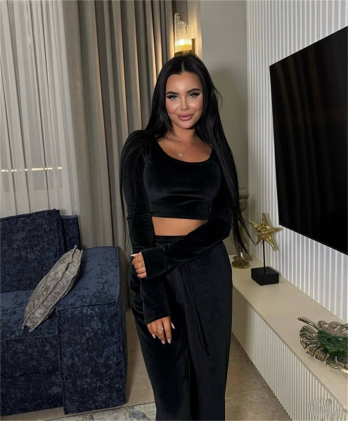 Women’s Modern Cropped Lounge Set with Long Sleeves and Elastic Waist Pants Mune Fashion