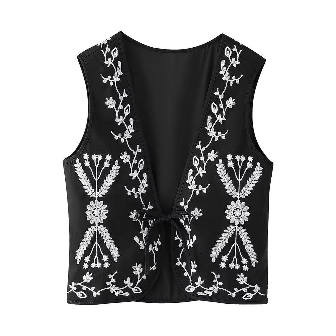 Women nan embroidered short vest in Boho style with deep V-neck, floral decorative embroidery and tie band Mune Fashion