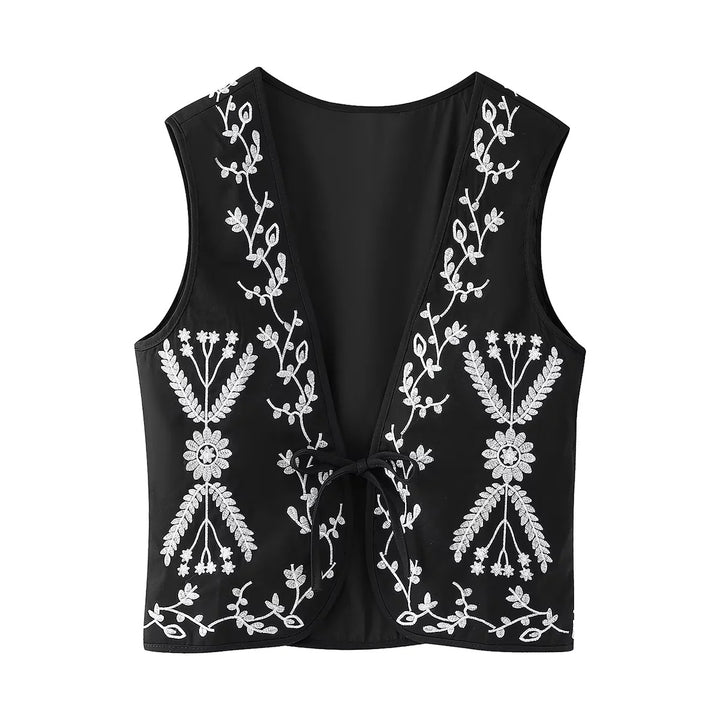 Women nan embroidered short vest in Boho style with deep V-neck, floral decorative embroidery and tie band Mune Fashion
