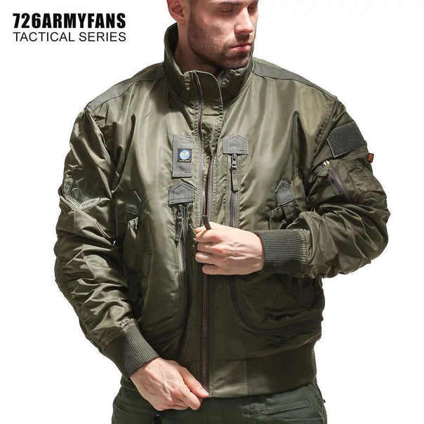 Men's rugged pilot bomber jacket with multifunctional zip and flap pockets as well as arm pocket Mune Fashion