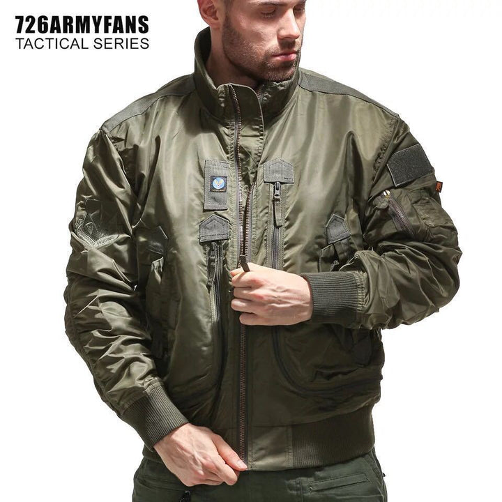 Men's rugged pilot bomber jacket with multifunctional zip and flap pockets as well as arm pocket Mune Fashion