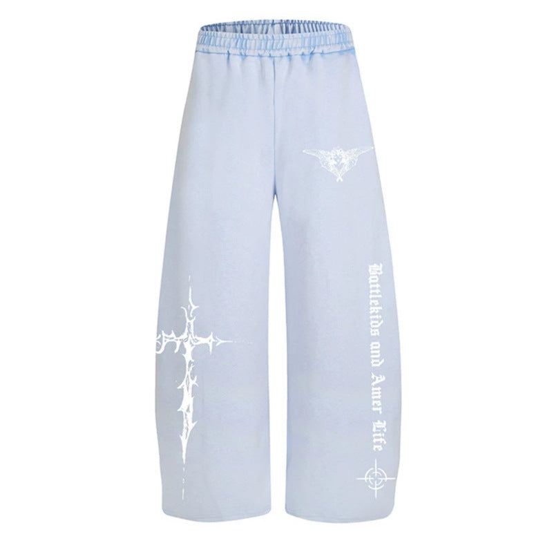 Women's Loose Palazzo Style Lounge Pants with Elastic Waistband and Gothic Print Mune Fashion