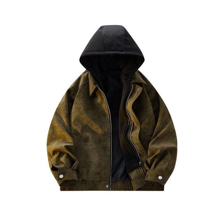 Men's Oversized Suede Look Bomber Jacket with Hood and Double Zipper Mune Fashion