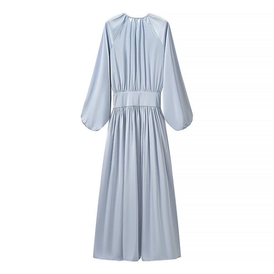 Women's Flowing Maxi Dress with Balloon Sleeves, Ruched Waist and Round Neckline Mune Fashion