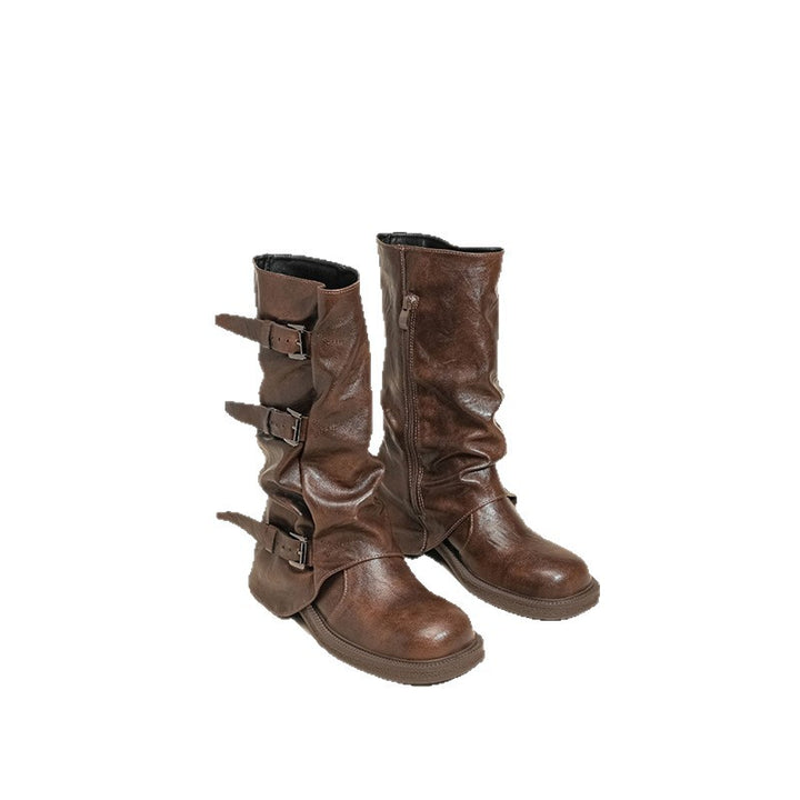 Damen Bikerstiefel mit mehrfachen Zierschnallen, gerafftem Schaft und robuster Profilsohle Mune Fashion