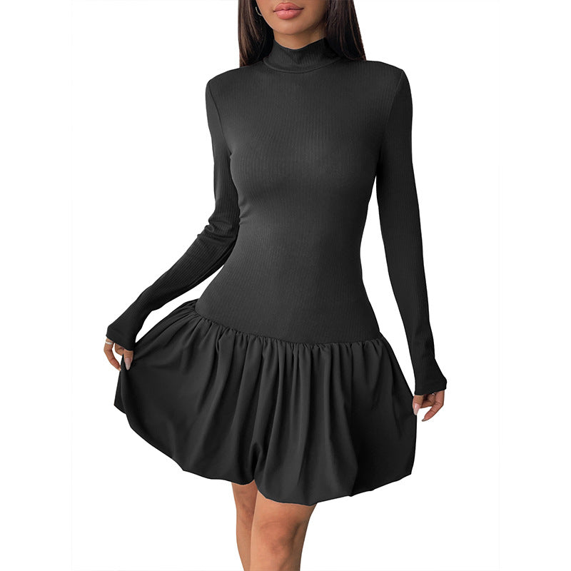 Women Fitted Mini Dress with Ribbed Top, Stand Collar and Gathered Balloon Skirt Mune Fashion