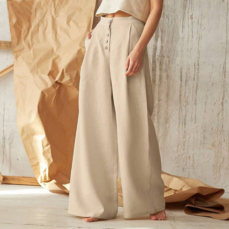 Women's wide linen pants with high waist and side pockets Mune Fashion
