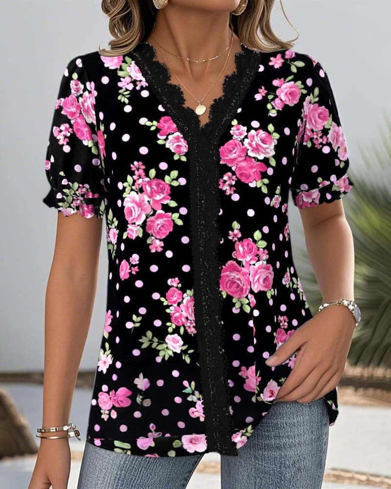 Ladies floral V-neck blouse with decorative lace trim and gathered short sleeves Mune Fashion