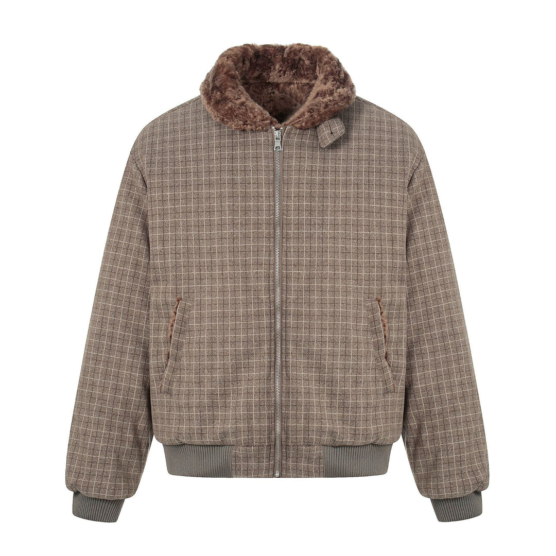 Men's Short Boxy Blouson in Wool Blend with Teddy Collar and Check Quilting Mune Fashion