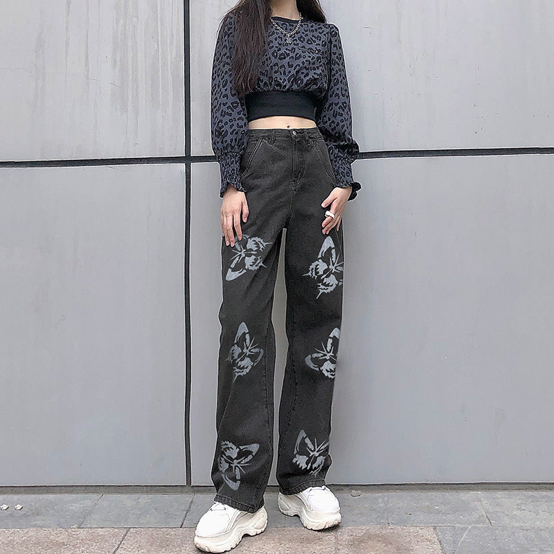 Ladies wide High-Waist jeans with Gothic butterfly print and relaxed straight-leg Mune Fashion