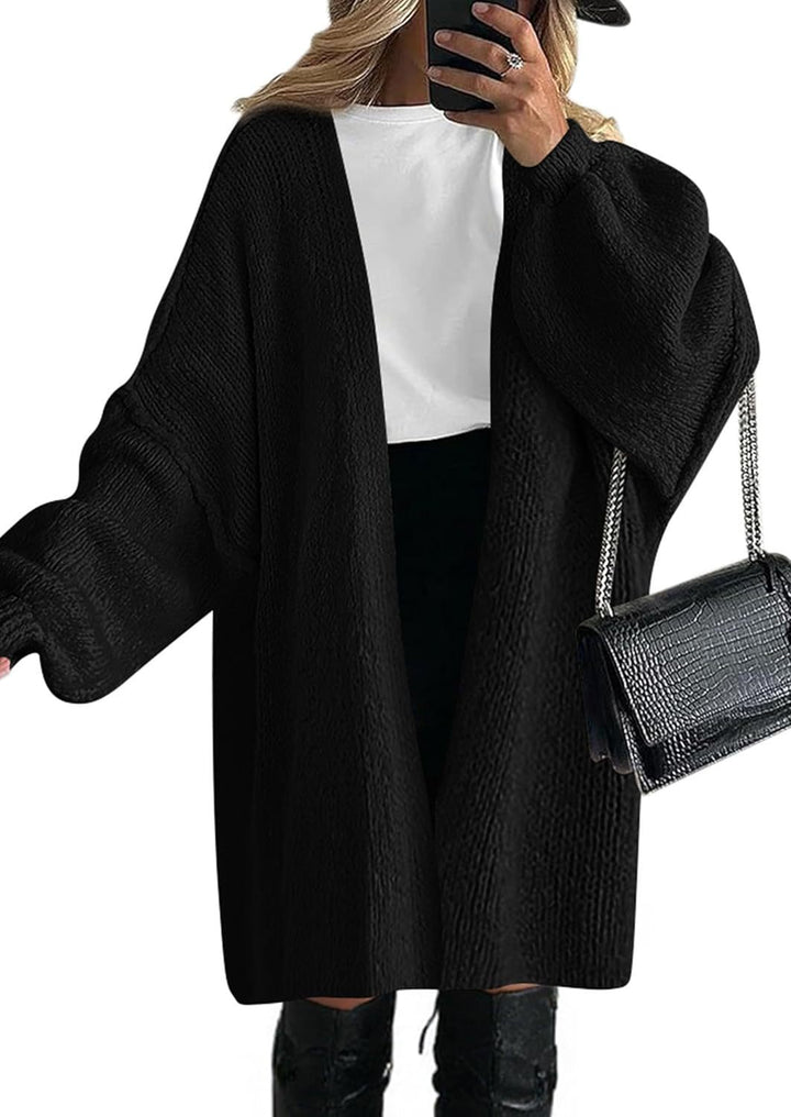 Women's Oversized Knit Cardigan with Wide Balloon Sleeves and Open Front Mune Fashion