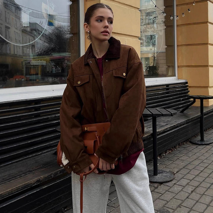 Women's Boxy Suede Blouson Jacket with Cord Collar and Teddy Lining Mune Fashion