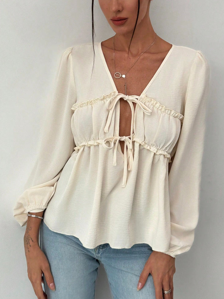 Women's babydoll blouse top with double tying system and balloon sleeves Mune Fashion