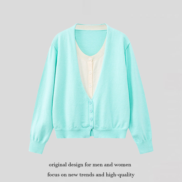 Women's Two-Layer V-Neck Cardigan with Integrated Henley Inner Layer Mune Fashion