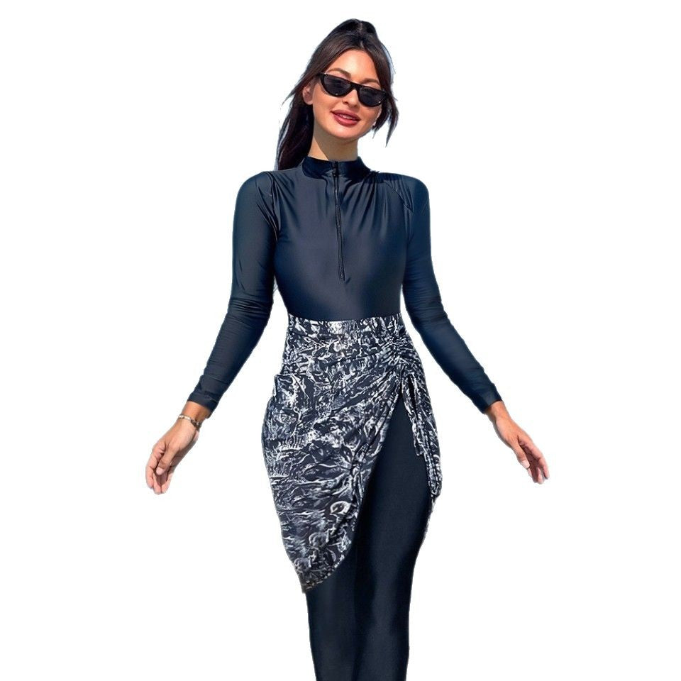 Women's Sporty Long Sleeve Swimwear with Wrap Skirt Mune Fashion